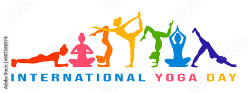 Banner with bright silhouettes of women doing asana and meditation practice for International Yoga Day on 21st June