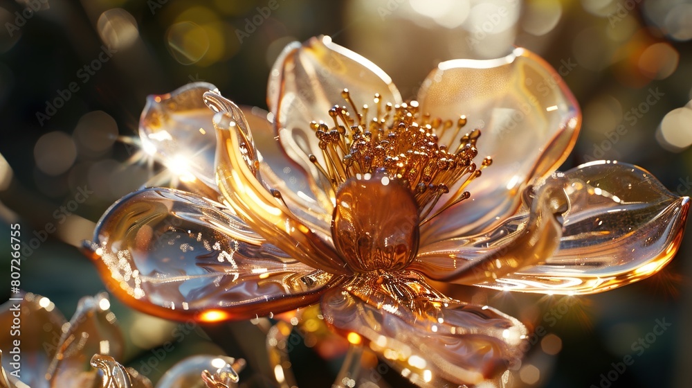 a pristine glass flower sculpture, capturing the essence of botanical beauty, bathed in the warm glow of sunlight, creating a captivating visual spectacle. 