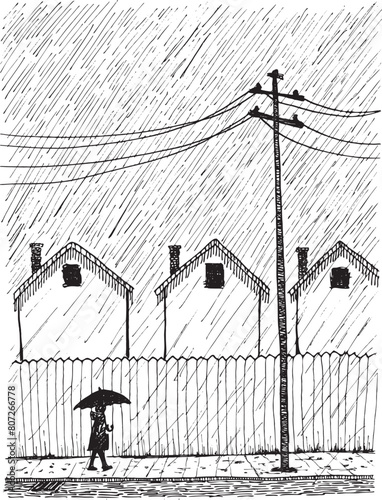 Young man walking in rain under umbrella. Hand drawn illustration, vector sketch