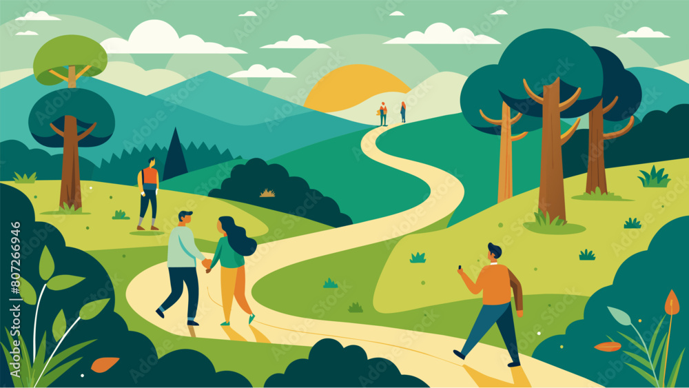 Navigating a winding trail through a peaceful grove lowimpact hikers take every step with care keenly aware of the importance of minimizing their. Vector illustration