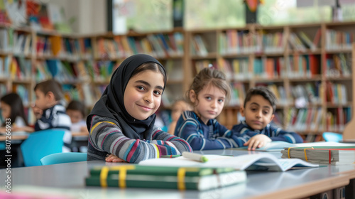 group of kids sit at tables with books and study at primary school