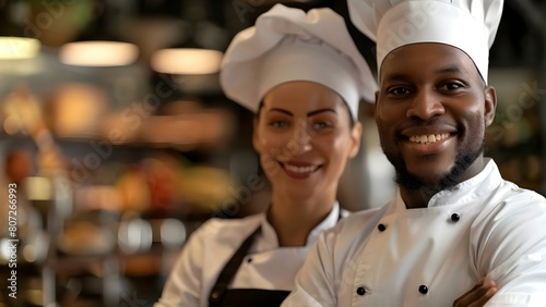 Happy chef and enthusiastic housekeeper in modern hotel conference room. Concept Hotel Staff, Professional Attire, Modern Setting, Team Collaboration, Workplace Environment