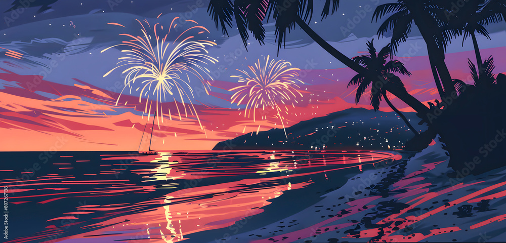 A beautiful beach scene with a sunset in the background and fireworks in the foreground. Scene is peaceful and relaxing