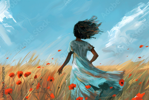 Illustration. An African American woman is walking through a field of red flowers. The sky is blue and there are clouds in the background. The painting has a serene and peaceful mood