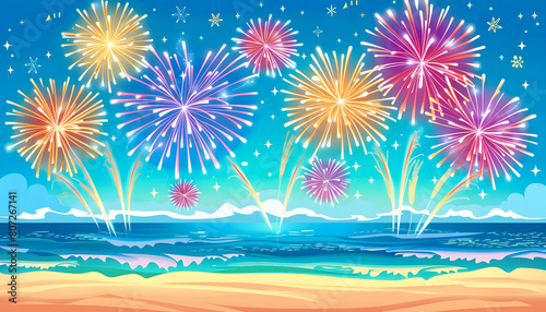 A colorful fireworks display is set against a blue ocean backdrop. The fireworks are scattered throughout the sky, with some closer to the water and others further away