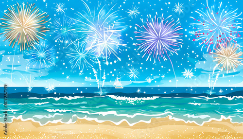 A beach scene with fireworks in the sky. The fireworks are in different colors and are scattered throughout the sky. The beach is calm and peaceful, with the ocean in the background