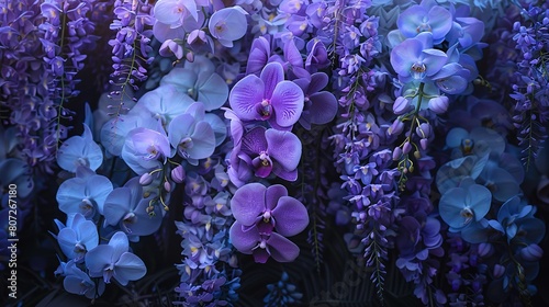a romantic bouquet of deep purple and lavender orchids, intermingled with cascading wisteria, creating a dreamy and enchanting composition that captures the essence of love.
