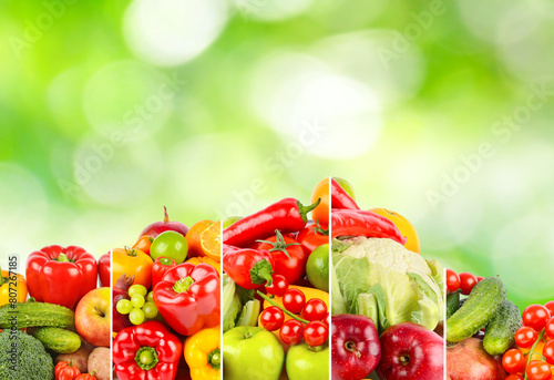Collage fruits and vegetables separated vertical lines on green blurred background.