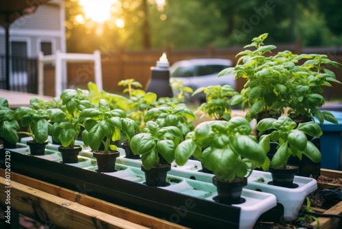 Fresh basil plants growing in potted garden at sunset photo