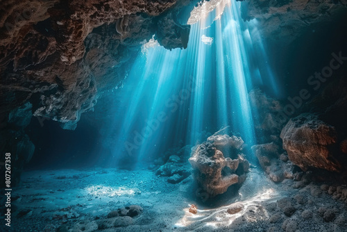 Entrance of karst cave inside mountain, dark cavern with blue rays of light from hole in jungle. Theme of wild nature, subterranean, landscape, background, openin photo