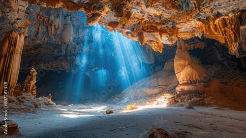 Beautiful karst cave inside mountain  entrance of cavern with geological structures and light. Theme of travel  wild nature  subterranean  landscape  opening