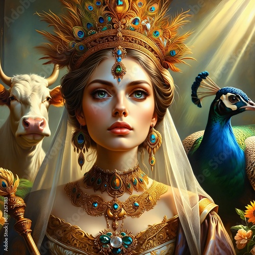 Hera, the queen goddess of marriage, woman and childbirth in golden robes, holding a scepter. Ancient Greek Mythology. A colorful peacock and a cow. Flowers as nature's blessing. Generative AI