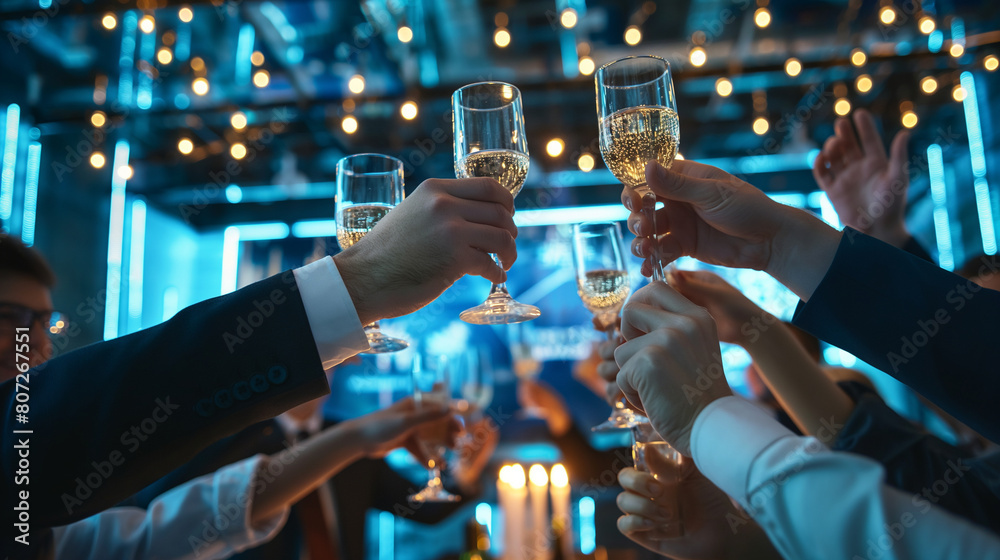 Within the lively atmosphere of a company party, the sales team raises a toast to their outstanding performance, their camaraderie and teamwork evident in their jubilant expression Within the lively atmosphere of a company party, the sales team raises a toast to their outstanding performance, their camaraderie and teamwork evident in their jubilant expression