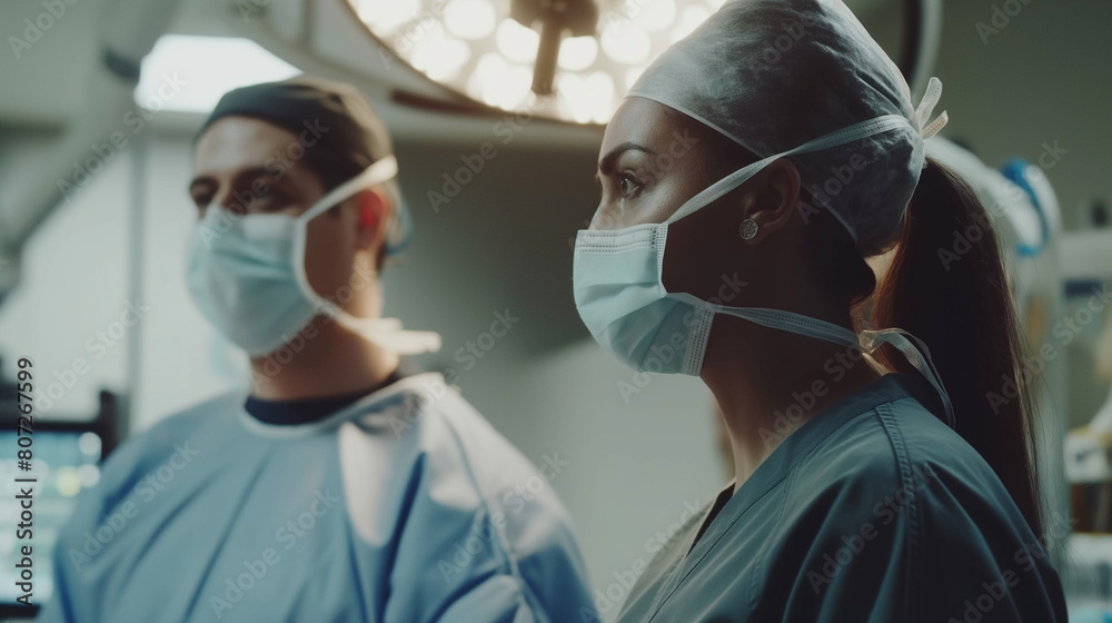 Within the sterile confines of the operating room, a doctor and nurse work together with efficiency and precision, their coordinated efforts guided by a shared commitment to excell