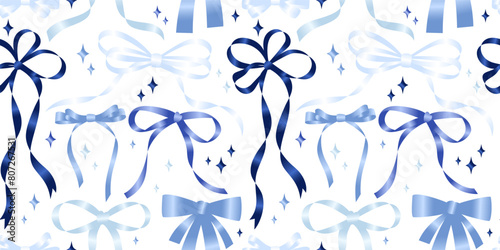 Seamless pattern with various cartoon satin blue bow knots, gift ribbons. Trendy hair braiding accessory. Hand drawn vector illustration. Valentine's day background. © Radiocat