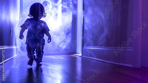 Spooky child glimpsing ghostly figure in moonlit haunted house hallway. Concept Horror Photography, Haunted House Theme, Child Model, Ghostly Figure, Moonlit Setting
