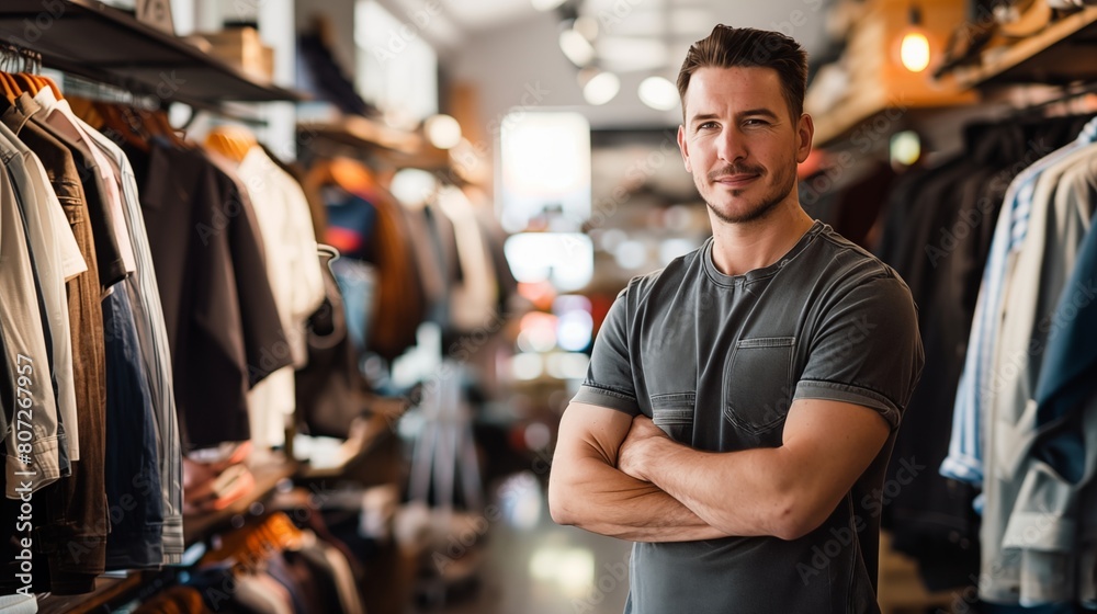 Portrait featuring a man wearing a modern T-shirt and jeans, captured inside a fashion store with a trendy ambiance.