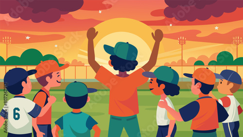 As the sun begins to set on the final game of the Youth Baseball Tournament the field is filled with exhausted but ecstatic young players celebrating. Vector illustration