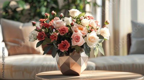 a striking arrangement of roses and peonies, arranged in a modern geometric vase, infusing a contemporary edge into your floral decor.  © Huma