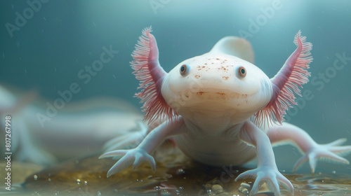 Close-up Portrait of a Smiling Axolotl in Its Aquatic Habitat