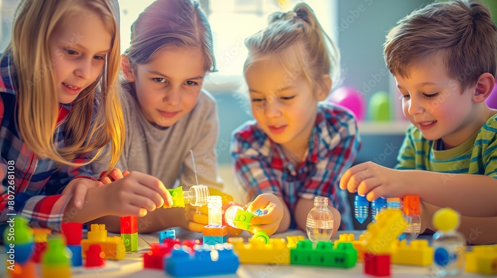 Children play together with plastic toys, fostering social skills and problem-solving abilities through enjoyable and collaborative experiences. Children play together with plastic toys, fostering social skills and problem-solving abilities through enjoyable and collaborative experiences.