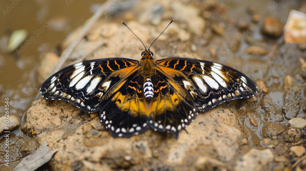 Fototapeta premium Orange and Black Butterfly Resting on Wet Pebbles by a Water Body