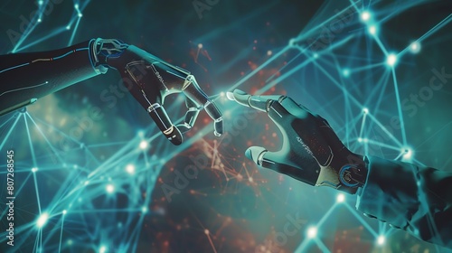 Hands of robot and human touching, connected by glowing big data network, 4K realistic, AI and machine learning, futuristic lab setting
