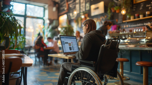 Amidst the hustle and bustle of a busy cafe, a person with hearing impairment uses assistive technology to engage with email communication, demonstrating the power of inclusive des photo