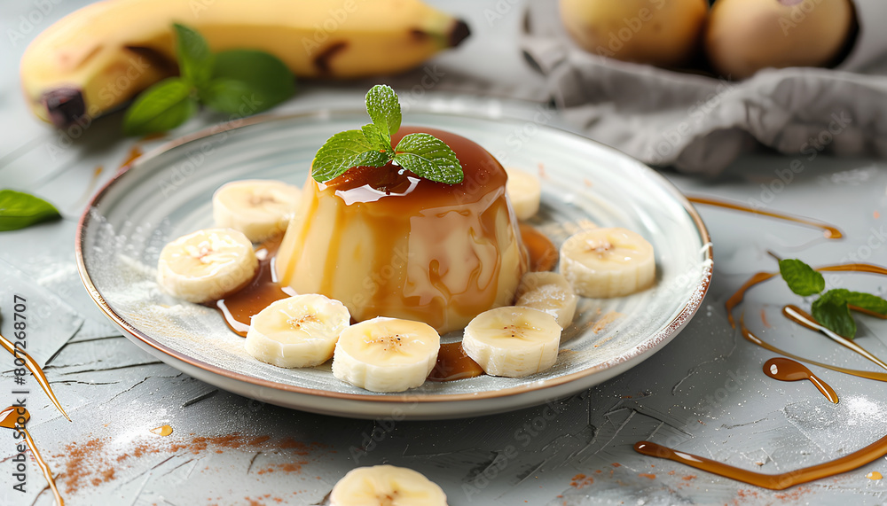 Plate with delicious pudding and bananas covered by caramel syrup on grey grunge background Plate with delicious pudding and bananas covered by caramel syrup on grey grunge background