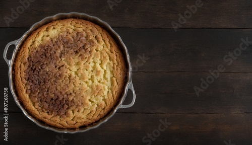 Fresh Baked Cake in a Pan on Rustic Wooden Table, Copy Space
