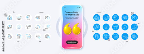 Group, Idea and Attention line icons. Phone mockup with 3d quotation icon. Pack of Internet search, 3d app, Cloud storage icon. Whisper, Medical helicopter, Ab testing pictogram. Vector