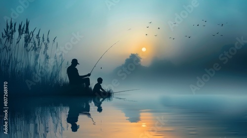 Father and son silhouette fishing on a peaceful morning