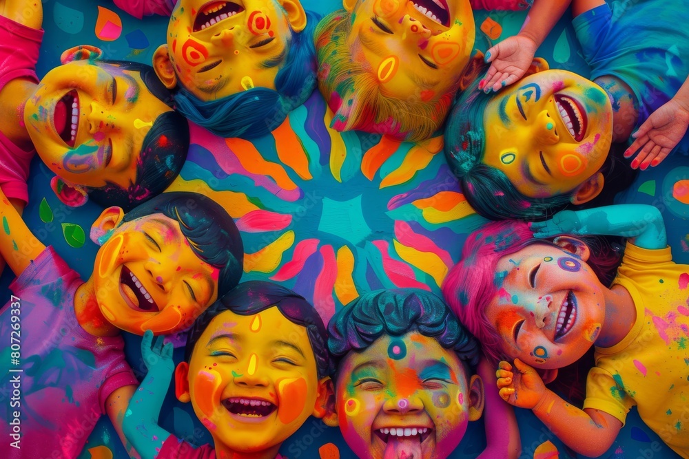 Obraz premium Joyful Holi celebration scene with happy faces and vibrant colors