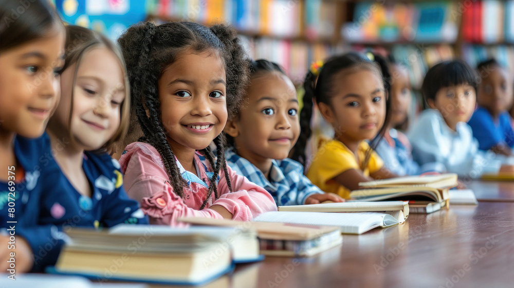 group of kids sit at tables with books and study at primary school group of kids sit at tables with books and study at primary school