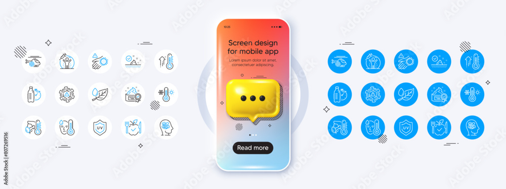 Phone mockup with 3d chat icon. Anxiety, Skin care and Vegetarian food line icons. Pack of Leaf dew, Vaccine protection, Fitness water icon. Wash hand, Medical helicopter, Cream pictogram. Vector Phone mockup with 3d chat icon. Anxiety, Skin care and Vegetarian food line icons. Pack of Leaf dew, Vaccine protection, Fitness water icon. Wash hand, Medical helicopter, Cream pictogram. Vector