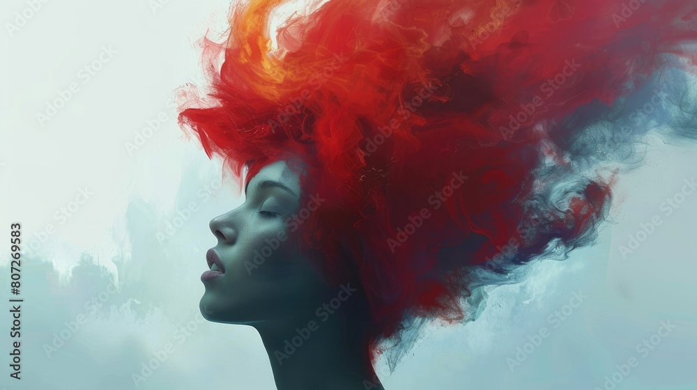 Artistic representation of a woman with flowing red smoke, merging ethereal and surreal elements in a dreamlike visual.