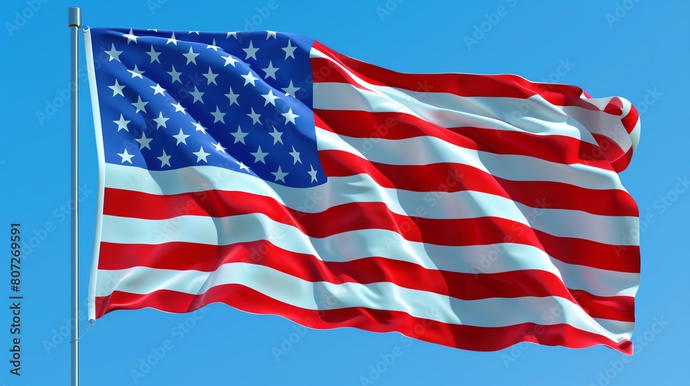 United States of America flag, correct proportions and vibrant colors, 4K realistic, detailed fabric texture, clear sky backdrop