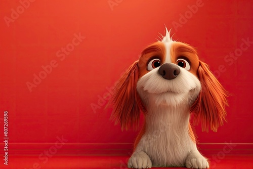 cartoonic Portrait of cute cavalier spaniel is sitting on the red background photo