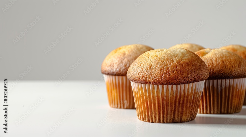 Four freshly baked plain muffins arranged neatly on a clean white background, emphasizing simplicity and taste. Four freshly baked plain muffins arranged neatly on a clean white background, emphasizing simplicity and taste.