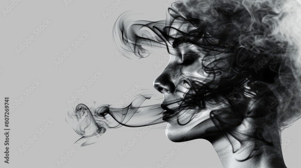 Fototapeta premium Abstract monochrome image of a woman's silhouette with swirling smoke creating a mysterious and artistic look.