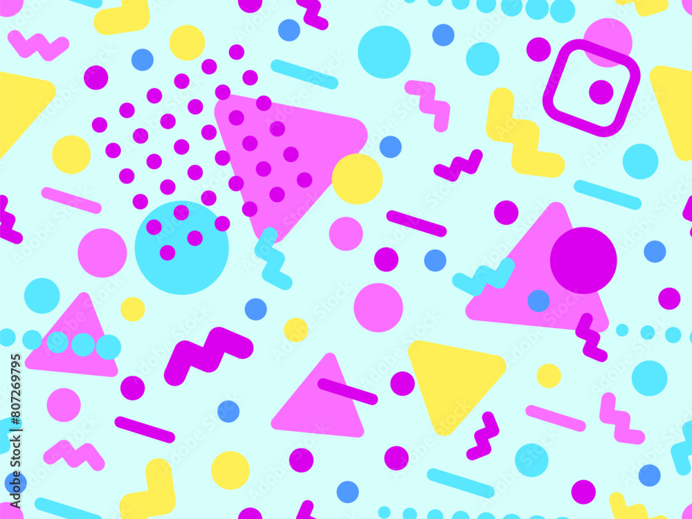 Geometric seamless pattern with memphis elements in 80s style. Colorful geometric pattern. Design of promotional products, wrapping paper and printing. Vector illustration Geometric seamless pattern with memphis elements in 80s style. Colorful geometric pattern. Design of promotional products, wrapping paper and printing. Vector illustration