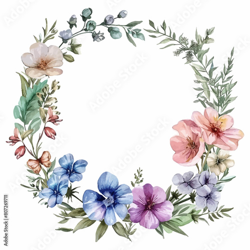 Watercolor natural spring wreath on white background