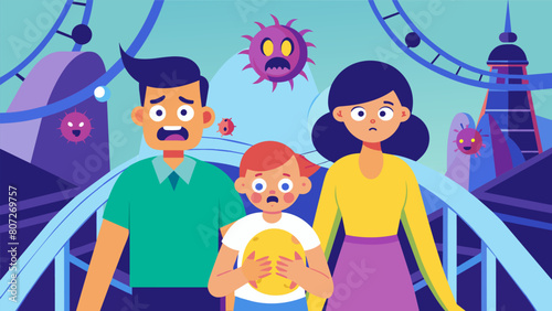 A family at a theme park struggling to enjoy the rides and attractions as the giant anxiety amplifier amplifies their fears of heights crowds and.