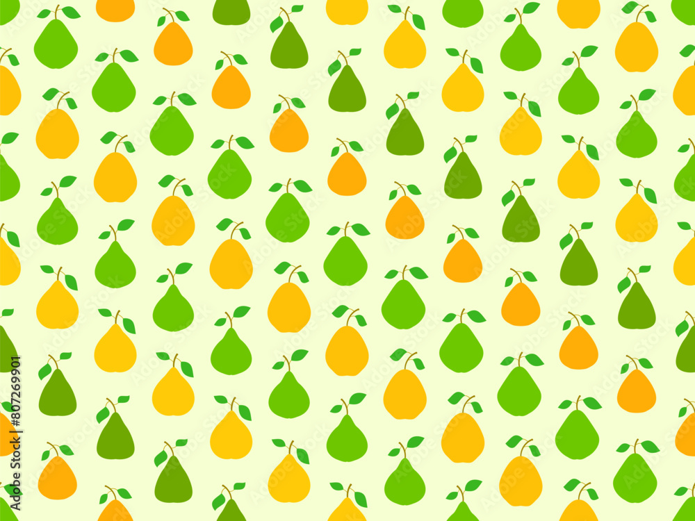 Seamless pattern with green and yellow pears. Ripe pears with two leaves. Fruit background with pears for wallpaper, wrapping paper, banners and posters. Vector illustration
