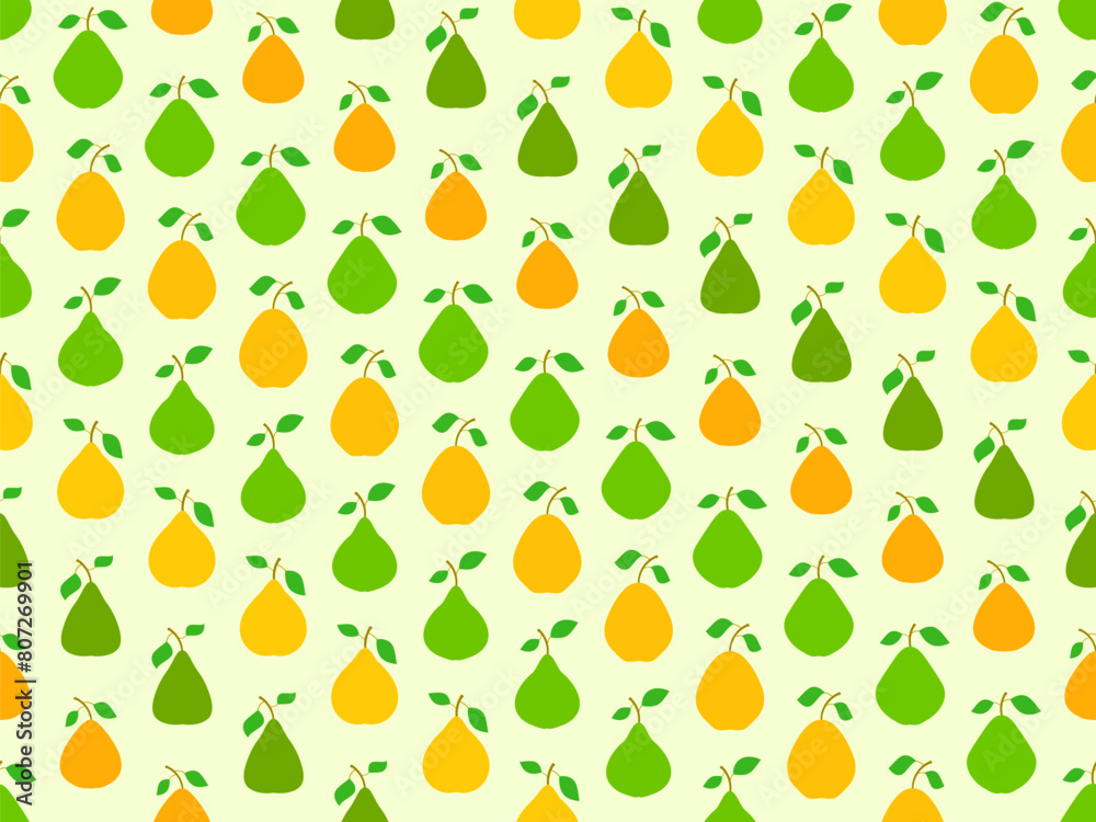 Seamless pattern with green and yellow pears. Ripe pears with two leaves. Fruit background with pears for wallpaper, wrapping paper, banners and posters. Vector illustration Seamless pattern with green and yellow pears. Ripe pears with two leaves. Fruit background with pears for wallpaper, wrapping paper, banners and posters. Vector illustration