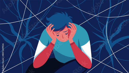 A ped individual feeling suffocated by the tight grip of the anxiety web..