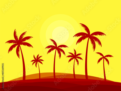 Tropical landscape with silhouettes of palm trees against the background of the sun. Landscape of palm trees in a minimalist style. Summer time. Design for banners and posters. Vector illustration