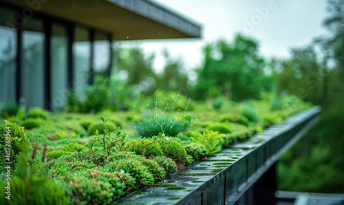 A green roof covered in vegetation on a sustainable building photo