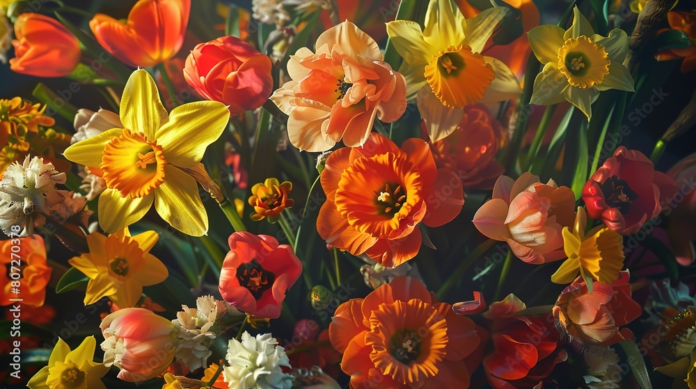 a vibrant bouquet of sun-kissed daffodils, tulips, and roses, exuding a captivating blend of warm hues and delicate petals.