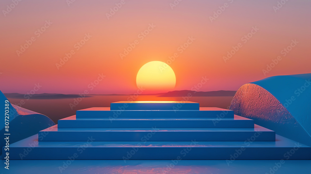 A rich blue podium with tiered levels against a fiery orange sky, designed to highlight luxury watches or sophisticated electronics